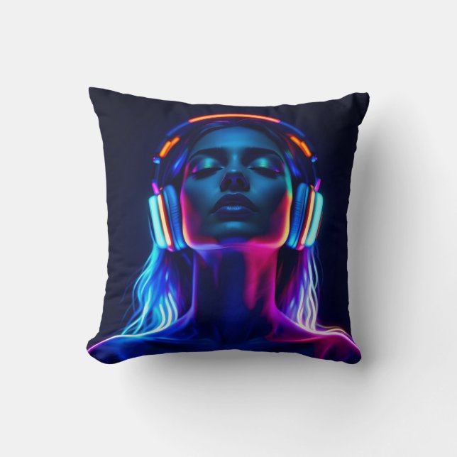 Coussin Neon Music Meditation – Woman with Headphones Art (Recto)