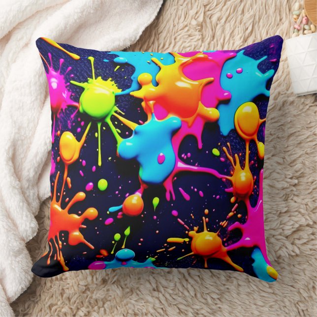 Coussin Neon Paint Splatter Art Abstrait (Couverture)