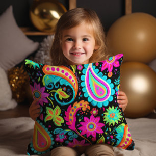 Coussin Neon Paisley Noir Rose Bleu coloré