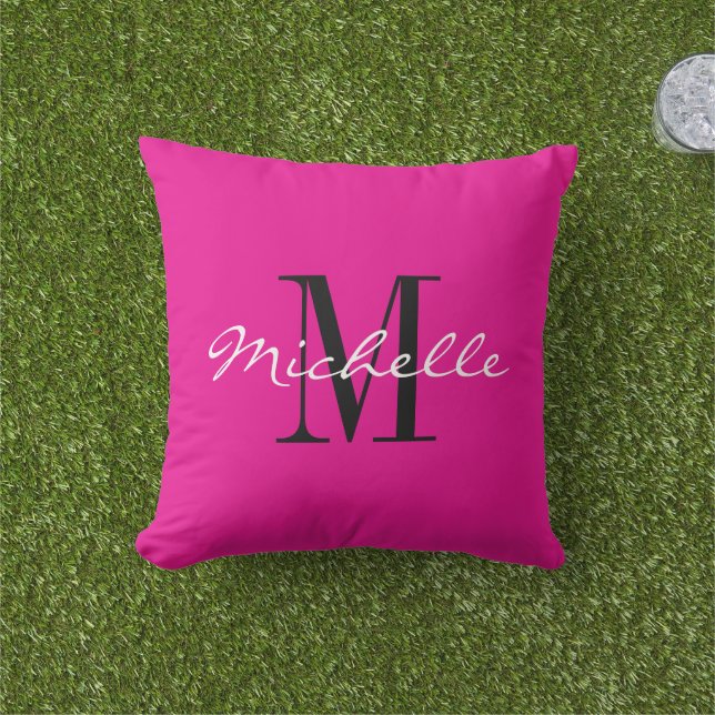 Coussin Neon pink outside decoration pillow with monogram (Herbe)