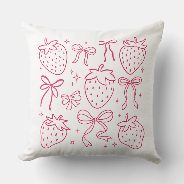 Coussin Neon Pink Strawberries and Bows Kawaii Design (Recto)
