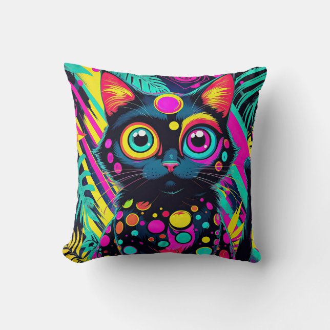 Coussin ✨ Neon Psychedelic Cat – Pop Art Design 🎨🐱 (Recto)