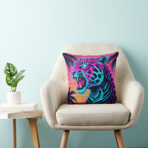 Coussin Neon Retro Jaguar - Vibrant Synthwave 80s Animal D