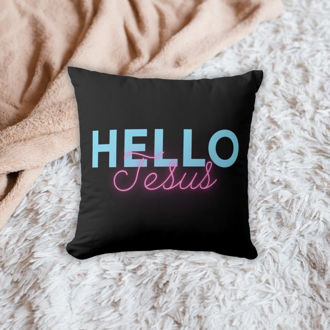 Coussin Neon rose noir rétro Hello Jesus Christian Coffee (Créateur téléchargé)