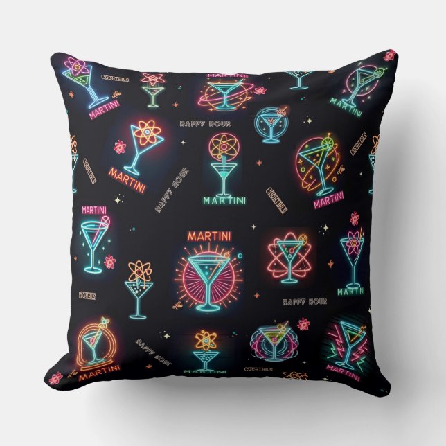 Coussin Neon Sign Space Age Atomic Martini Cocktails Impri (Recto)