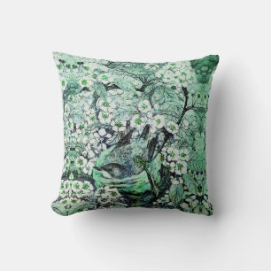 COUSSIN NEST D'OISEAU, FLEURS DE PRINTEMPS BLANC VERT ARBR