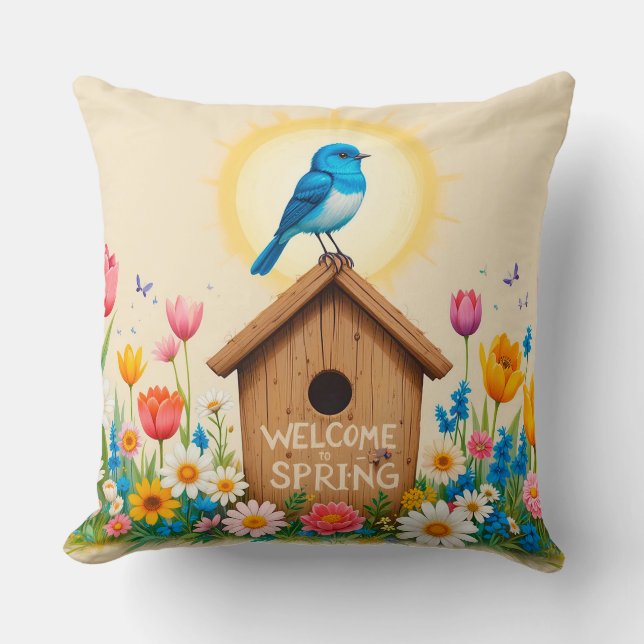 Coussin Niche à oiseaux rustique avec fleurs et inspiratio (Recto)