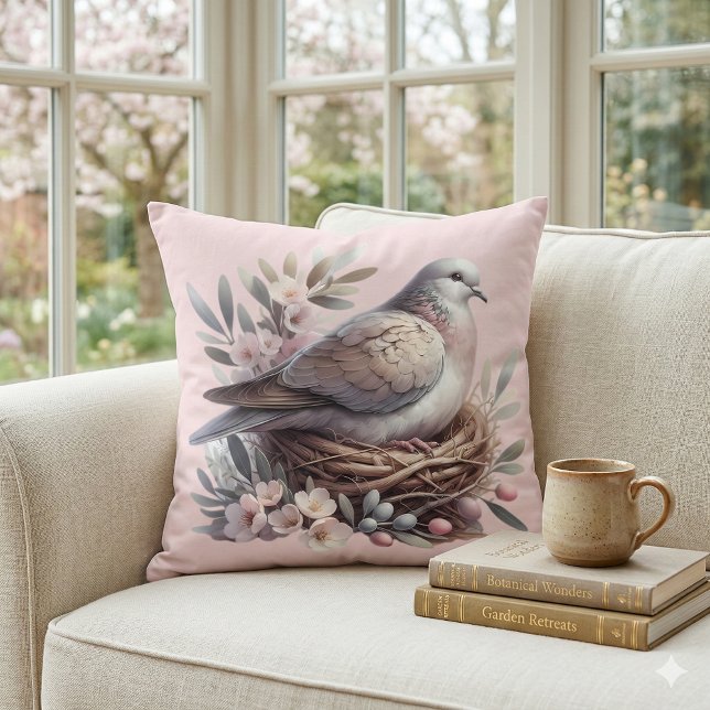 Coussin Nid de tourterelle avec fleurs et branches d'olivi (Blush Dove Nest with Flowers and Olive Branches Throw Pillow Mockup C)