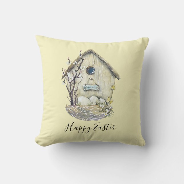 Coussin Nid d'oeufs de maison d'oiseau à l'aquarelle Pâque (Recto)
