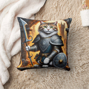 Coussin Noble Chat en armure tenant l'épée et le bouclier