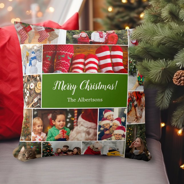 Coussin Noël 15 Photo Collage avec Nom de famille Vert (Créateur téléchargé)