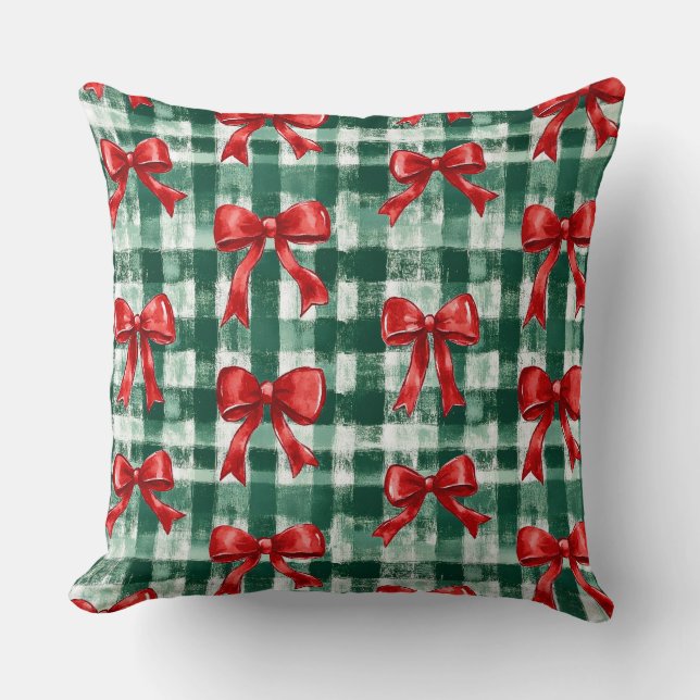 Coussin Noël à Carreaux Vert avec Nœud Prépa (Recto)
