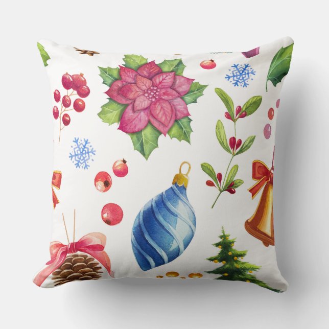 Coussin Noël à l'aquarelle de style vintage (Recto)