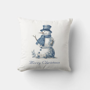 Coussin Noël à l'aquarelle vintage bonhomme de neige en bl