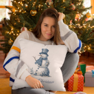 Coussin Noël à l'aquarelle vintage bonhomme de neige en bl