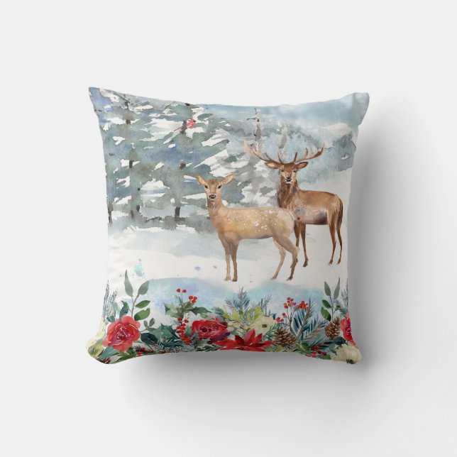 Coussin Noël aquarelle cerf de la forêt (Recto)