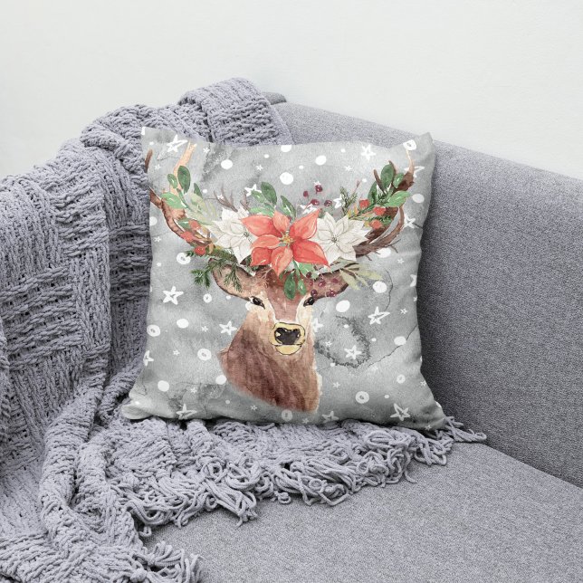 Coussin Noël - Aquarelle Cerf & PointsettiaG (Créateur téléchargé)