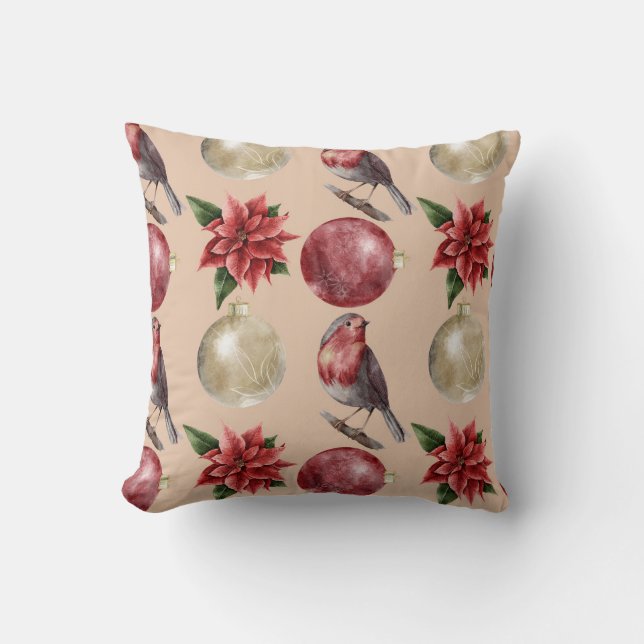Coussin Noël Aquarelle Oiseaux Baubles Motif (Recto)