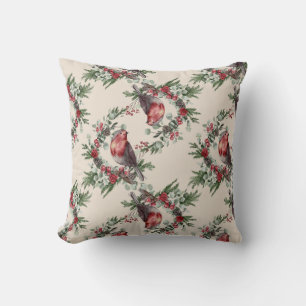 Coussin Noël Aquarelle Robin Oiseaux Motif