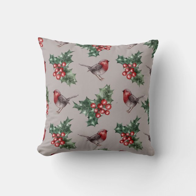 Coussin Noël Aquarelle Robin Oiseaux Motif (Recto)