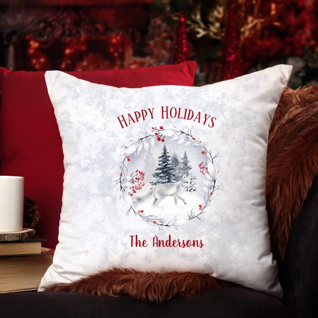 Coussin Noël Arctic Neige Renard hiver paysage Nom (Christmas Arctic Snow Fox Winter Scenery Name Throw Pillow)