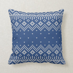 Coussin Noël Blanc & Bleu Fair Isle Tricot Motif