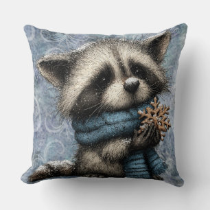 Coussin Noël Bleu Hiver Mignon Raton Laveur Avec Écharpe