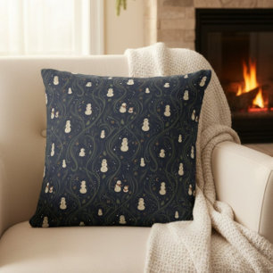 Coussin Noël bleu minuit de cottagecore sombre avec bonhom