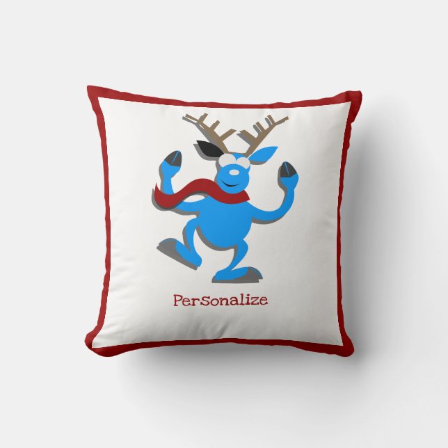 Coussin Noel Bleu Reindeer Bordure Rouge Personnaliser (Recto)