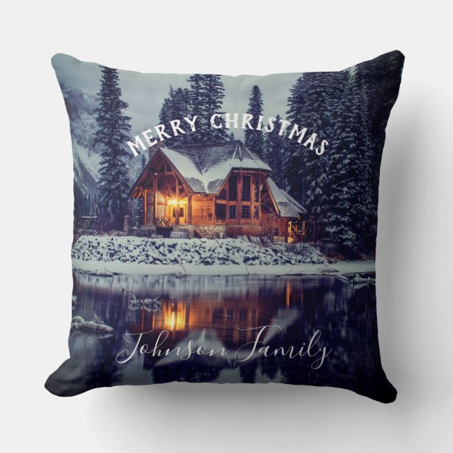 Coussin Noël Cabine D'Hiver Au Bord Du Lac (Recto)