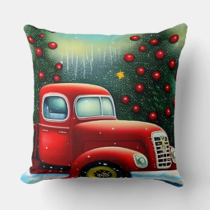 Coussin Noël Camion Rouge Vintage et Arbres enneigés Plaid