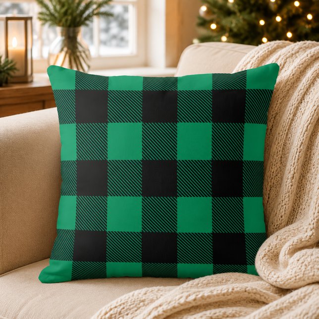 Coussin Noël carreau de bœuf vert rustique noir (Créateur téléchargé)