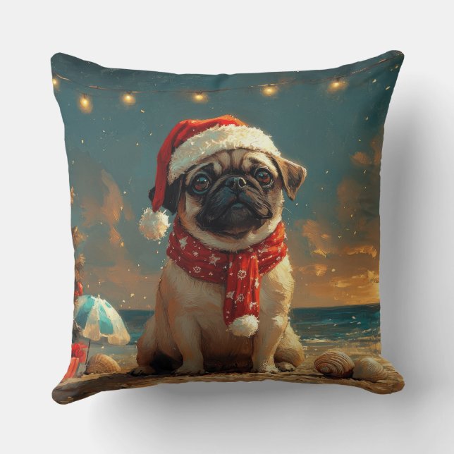 Coussin Noël Chien Carlin Plage Vintage (Verso)
