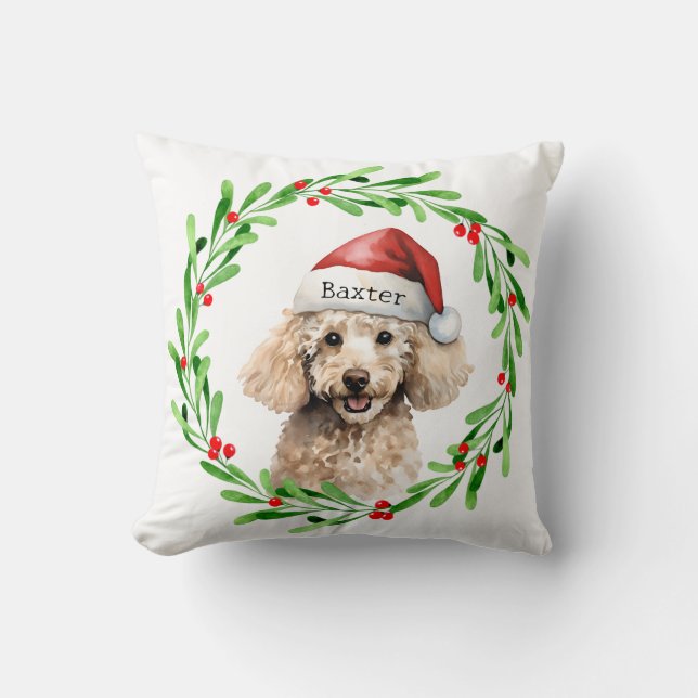 Coussin Noël Chien Poodle Santa Hat Holiday (Recto)