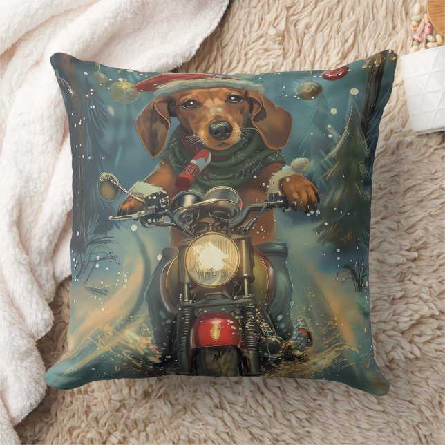 Coussin Noël Chien Teckel Conduisant une Moto (Couverture)