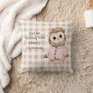 Coussin Noël Chouette Rayures Carreaux Crème Blush Brun