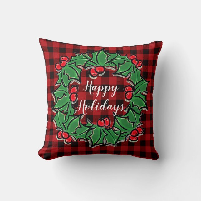 Coussin Noël classique Red Plaid Holly baies feuilles (Recto)