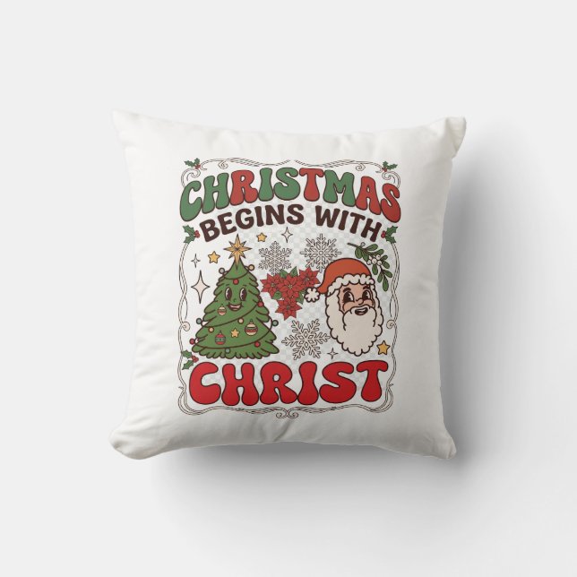 Coussin Noël Commence Christ Père Noël Arbre Flocon de Nei (Recto)
