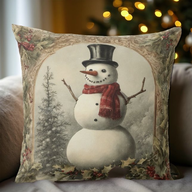 Coussin Noël Cosy Vintage Snowman (Rustic Christmas Snowman Pillow)