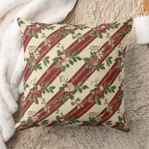 Coussin Noël Country Rouge Baies Floral Rayure Verte