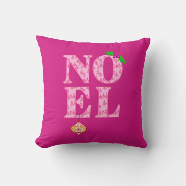Coussin NOEL dans un Motif d'arbre de Noël rose (Recto)