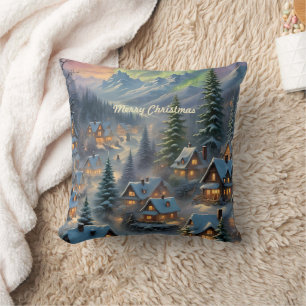Coussin Noël dans un village de montagne, lumières polaire