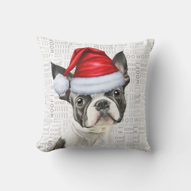 Coussin Noël d'aquarelle de chien de Boston Terrier (Recto)
