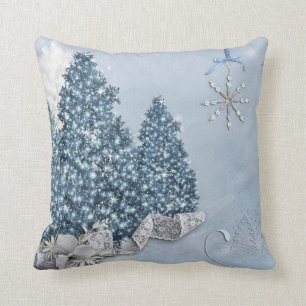 Coussin Noël de boule bleue et blanche de neige décorati