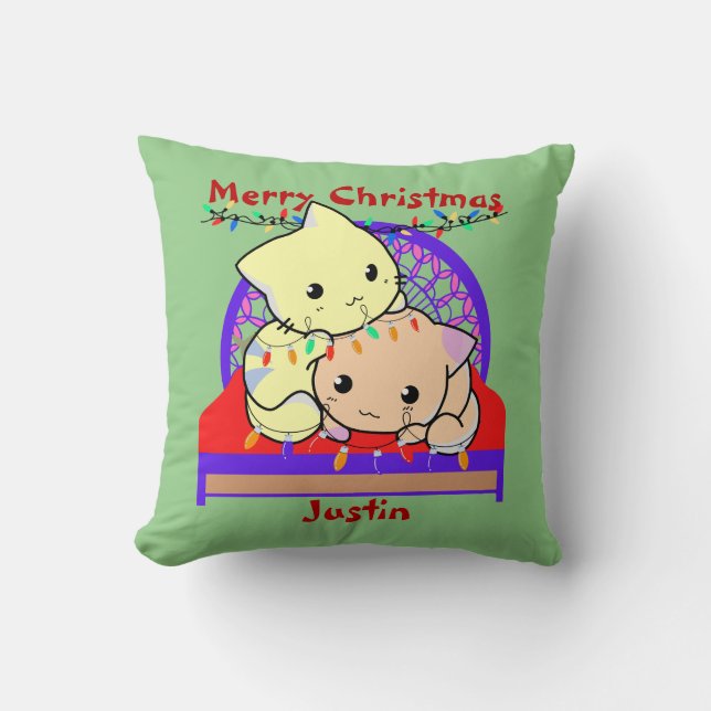 Coussin Noël de chat sur le lit, nom personnalisé (Recto)