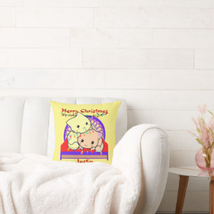 Coussin Noël de chat sur le lit, nom personnalisé