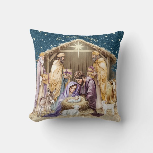 Coussin Noël de la crèche à l'aquarelle (Recto)