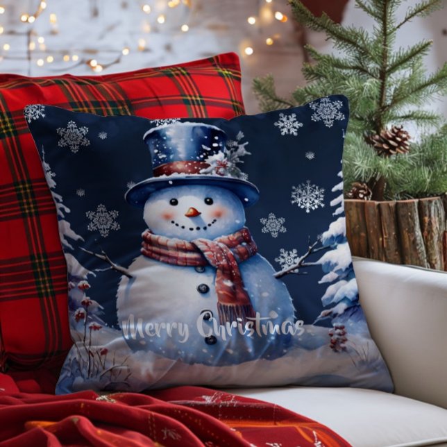 Coussin Noël de la forêt d'hiver (Blue Winter Forest Snowman Christmas Throw Pillow)