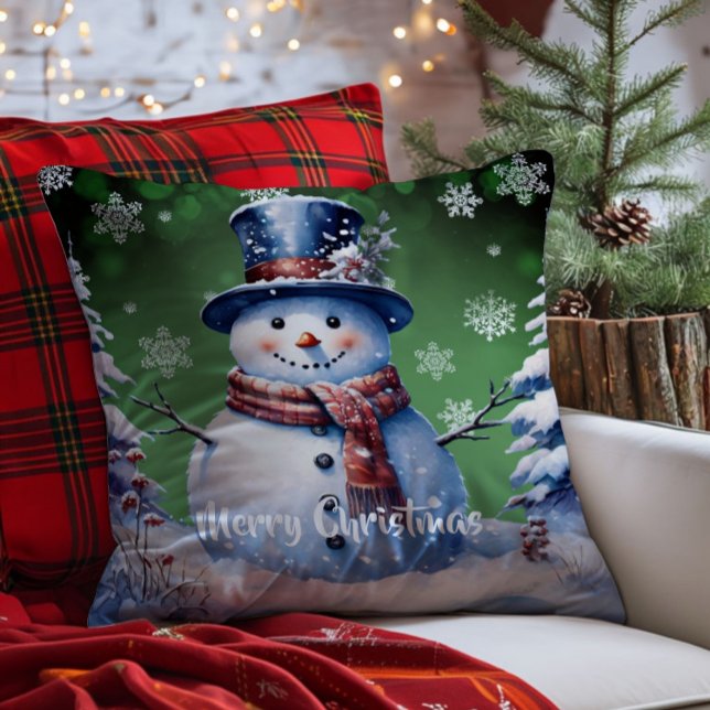 Coussin Noël de la forêt d'hiver | Green (Green Winter Forest Snowman Christmas Throw Pillow)