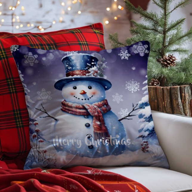 Coussin Noël de la forêt d'hiver | Pourpre (Purple Winter Forest Snowman Christmas Throw Pillow)